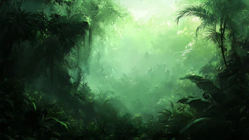 Misty Forest Canopy with Filtered Sunlight and Silhouetted Vegetation