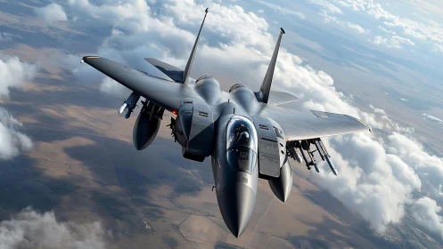 Twin‑engine air superiority jet with external stores in high‑altitude bank