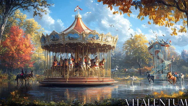 Carousel stands in shallow reflective water in autumn park