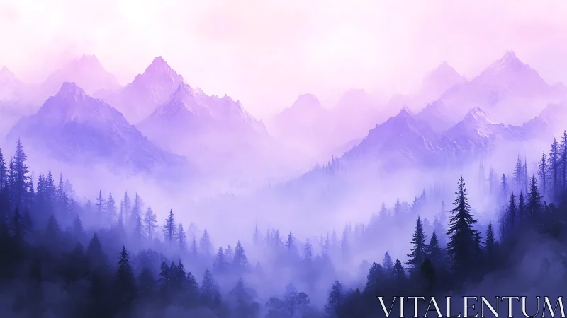 Purple mist over conifer forest and layered mountain peaks.