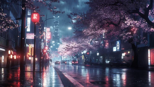 Rainy neon street under gentle cherry blossom glow.