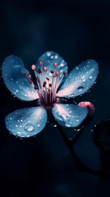 Delicate Flower with Water Droplets Against Dark Blue Background