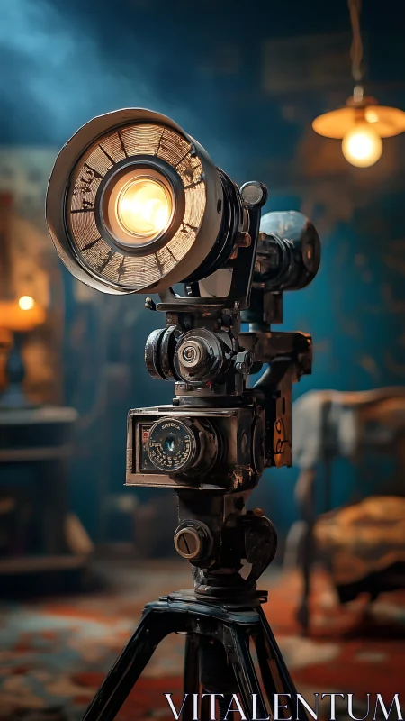 Vintage studio spotlight camera on tripod in moody workshop.