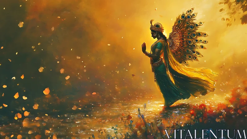 Peacock-winged river goddess drifting through molten dawn.