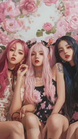 Dreamy pastel trio resting in a garden of painted roses.