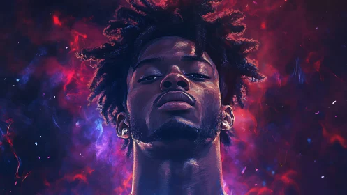 Cosmic portrait radiates neon fire around stoic gaze.