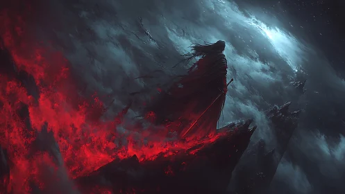 Lone dark warrior surveys burning abyss beneath storm sky