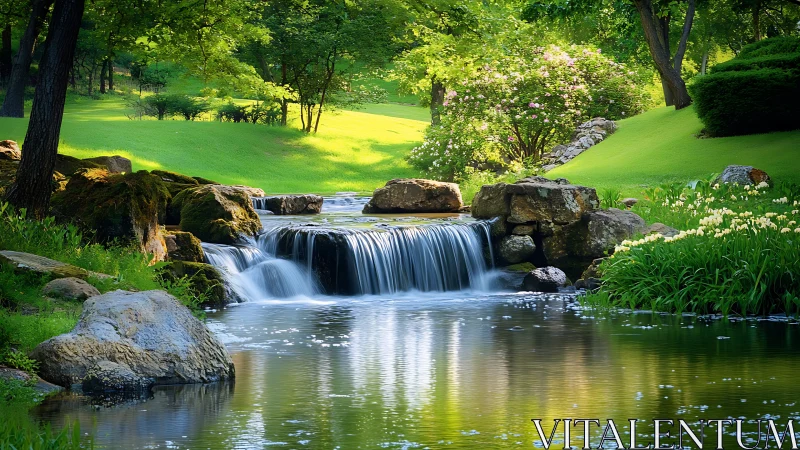 Quiet garden waterfall where soft sunlight meets mossy stone.