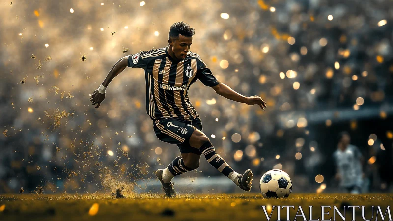 Soccer player sprints through golden dust under stadium lights