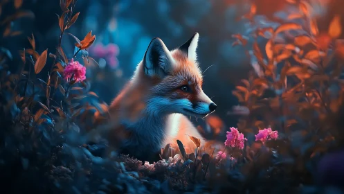 Gentle fox resting in a dreamy, flower-lit forest glow.