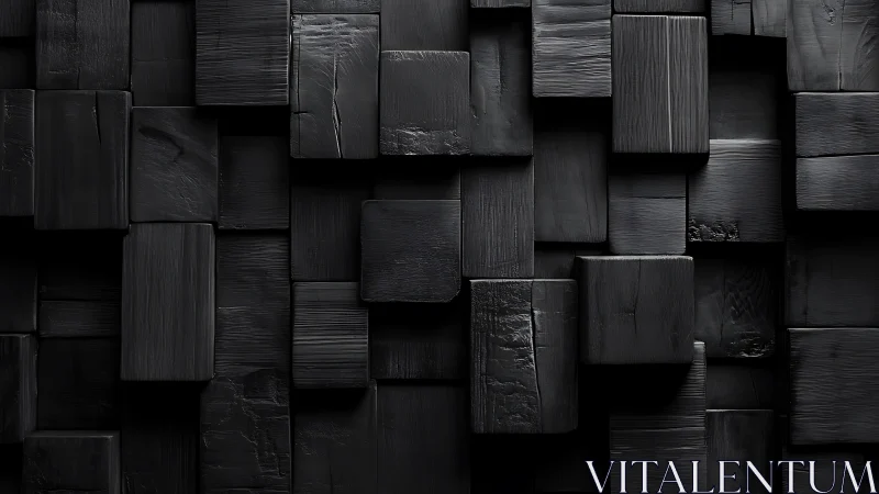 Charred black wooden blocks in staggered geometric relief.