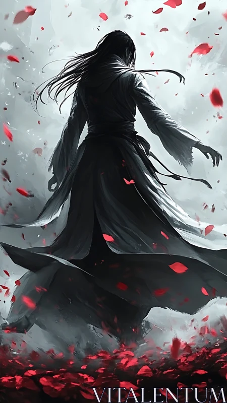 Hooded figure in dark robes amid swirling red petals.