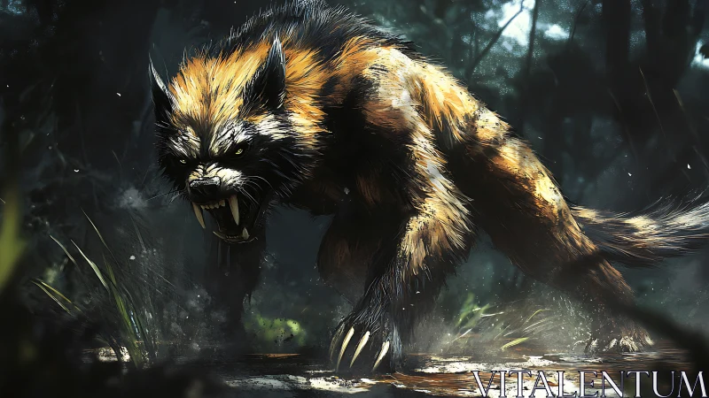 Aggressive quadruped beast rendered with dynamic brushwork and motion blur
