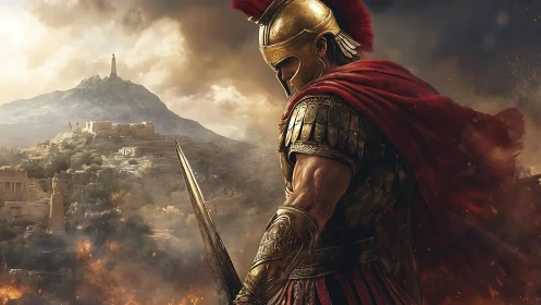 Armored hoplite with sword overlooking ancient hill city.