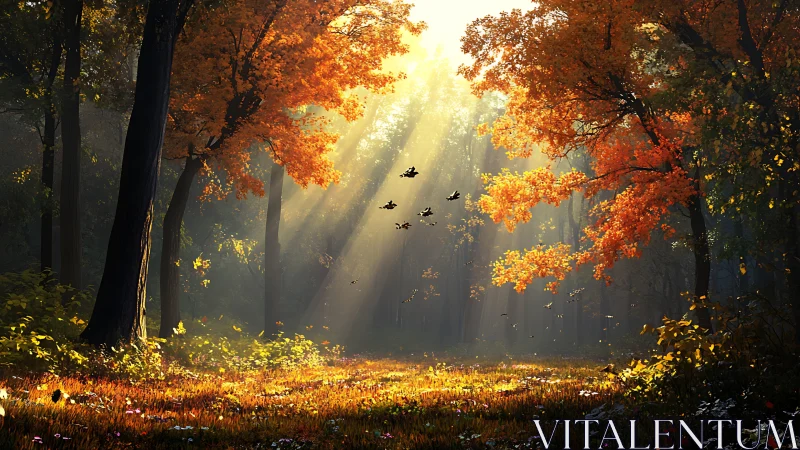 Autumn Forest Cathedral With Birds In Flight.