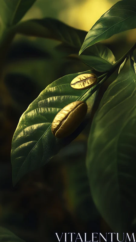 Golden coffee beans resting on lush green leaves in shade.
