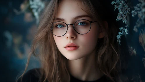 Soft-focus portrait of bespectacled girl in cyan bokeh field.