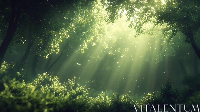 Forest canopy with divine light rays piercing through foliage.