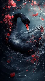 Black swan in dark water with red petals and blossoms.