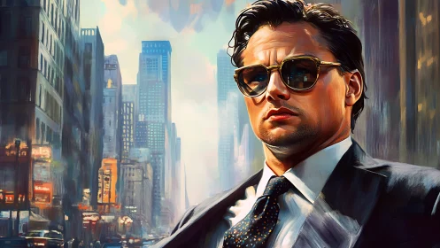 Urban titan in mirrored shades owns the painted cityscape.