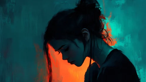 Side-lit profile portrait studies warm backlight against teal field