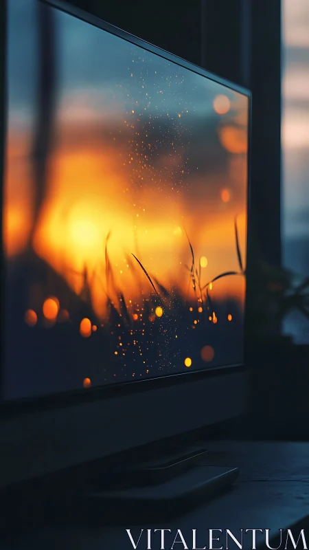 Sunset sparks bloom across a glowing desktop screen.