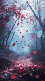Red maple leaves drifting through misty forest path.