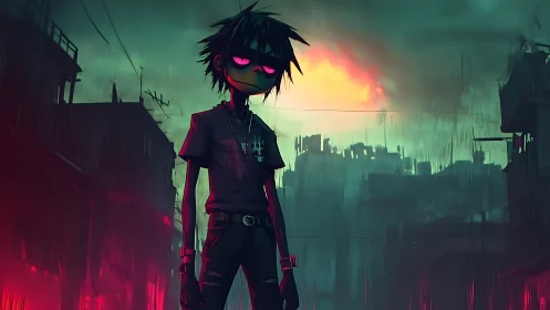 Neon dusk wanderer in a moody cyberpunk backstreet.