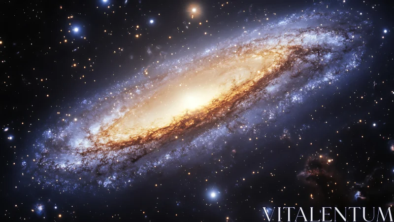 Edge-on spiral galaxy with bright core in star field.