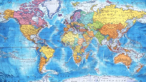 Color-coded political world map with blue ocean gradients.