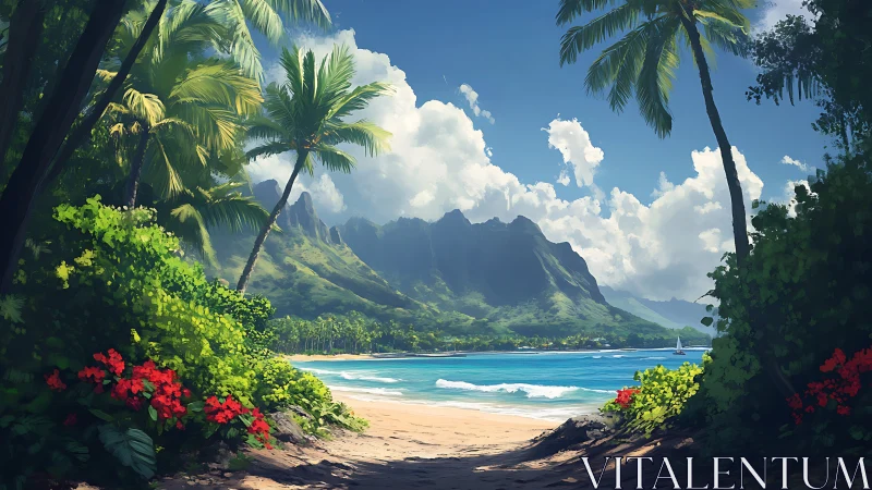 Tropical Paradise Beach Cove Framed by Lush Island Vegetation