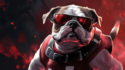 Bulldog wearing red visor sunglasses in stylized portrait.