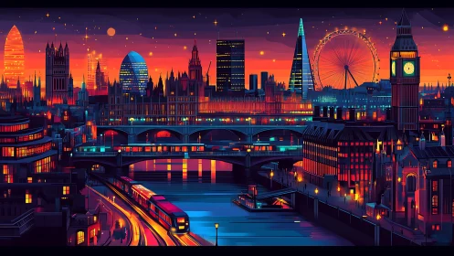 Neon dusk London skyline with bridges, train and river reflections.
