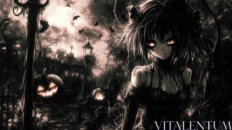 Anime girl stands in dark Halloween graveyard at night