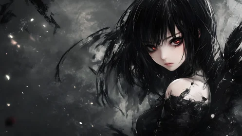 Dark-haired anime girl turns in swirling black feathers.