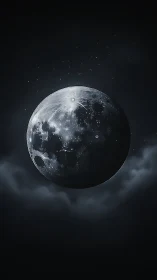 Luminous moon sphere hovers above shadowed storm clouds.