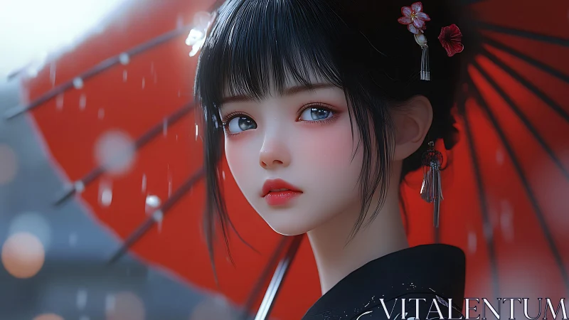 Rainlit gaze beneath a crimson parasol of quiet longing.