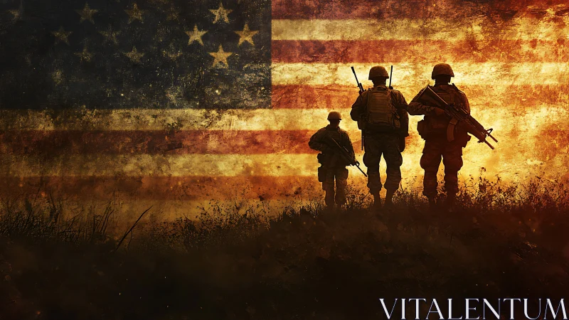 Silhouetted soldiers stand before worn American flag backdrop.