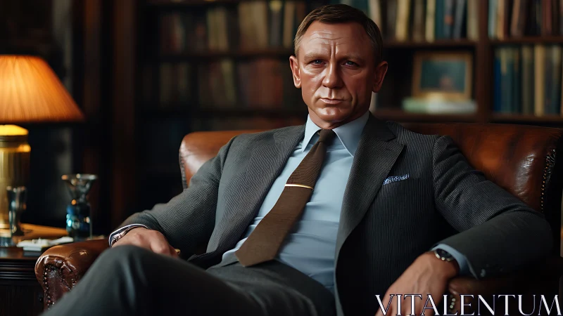 Steel-eyed gentleman in charcoal suit owning the study.