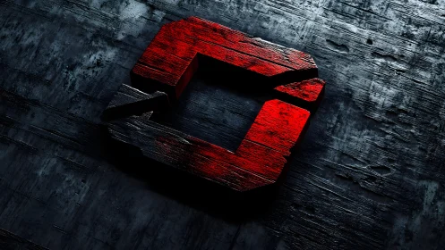 Bold red geometric shape on dark textured wooden background.