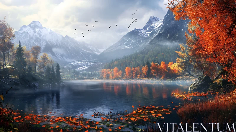 Autumn alpine lake with volumetric fog and high dynamic range lighting
