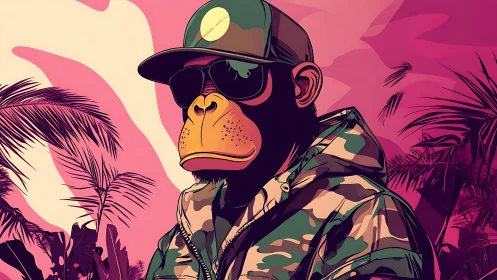 Stylized primate portrait shows camouflaged figure outdoors