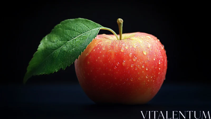 Red apple with leaf and water droplets on dark background.