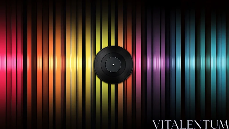 Colorful vinyl grooves glow softly around a central record