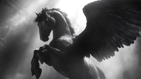 Winged black stallion rises through radiant storm light.