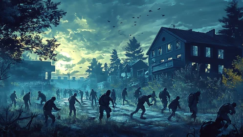 Nocturnal zombie incursion through derelict suburban corridor.