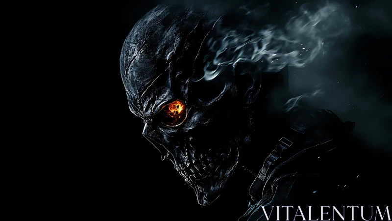 Fiery-eyed cyber skull emerges from smoke in dark void