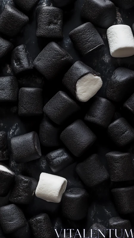 Charcoal cubes embrace vanilla marshmallows in monochromatic sweetness.