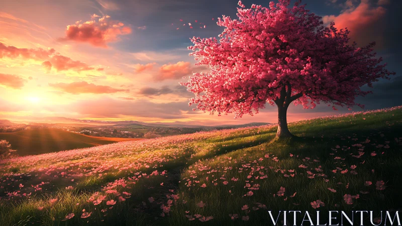 Sunset kiss over a blooming pink tree on gentle hills.