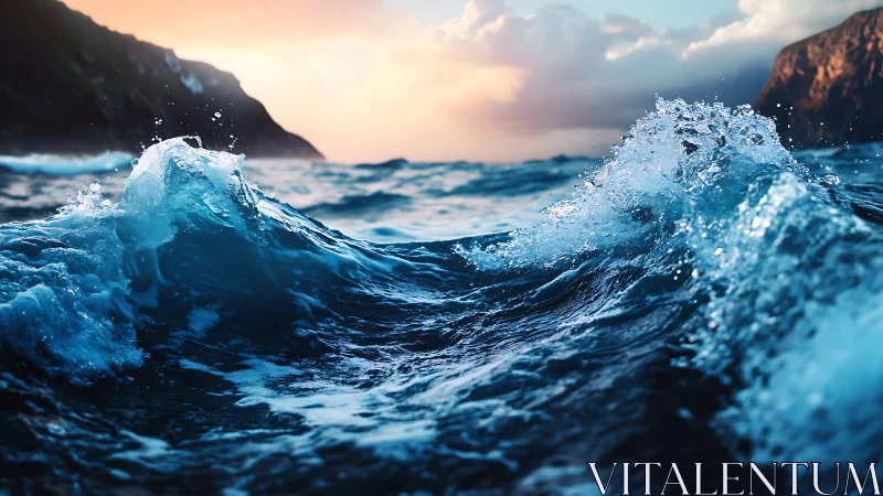 Storm-kissed sapphire waves chasing a fading sunset glow.